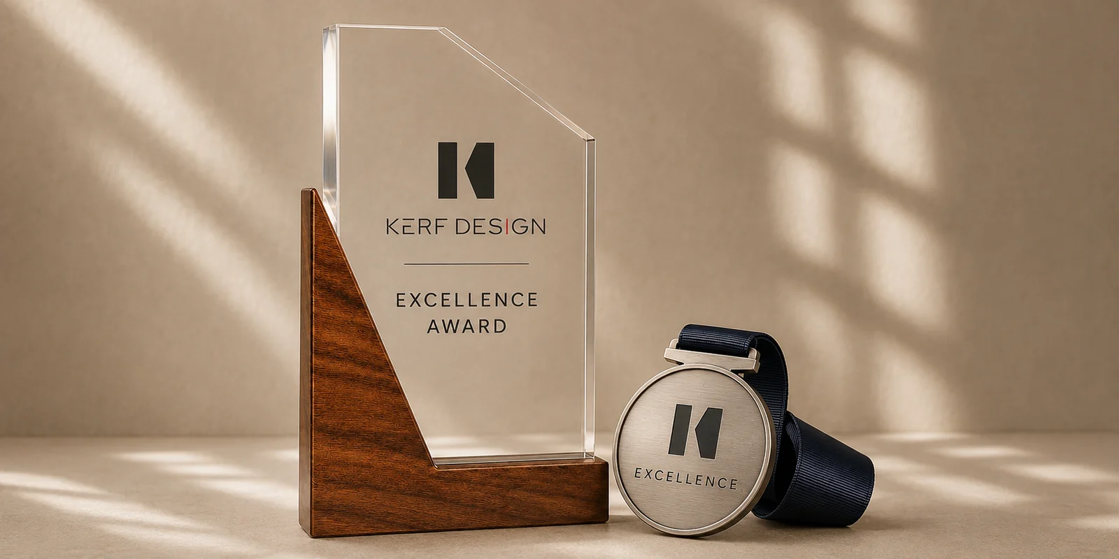 KERF Design clear acrylic award and engraved medal