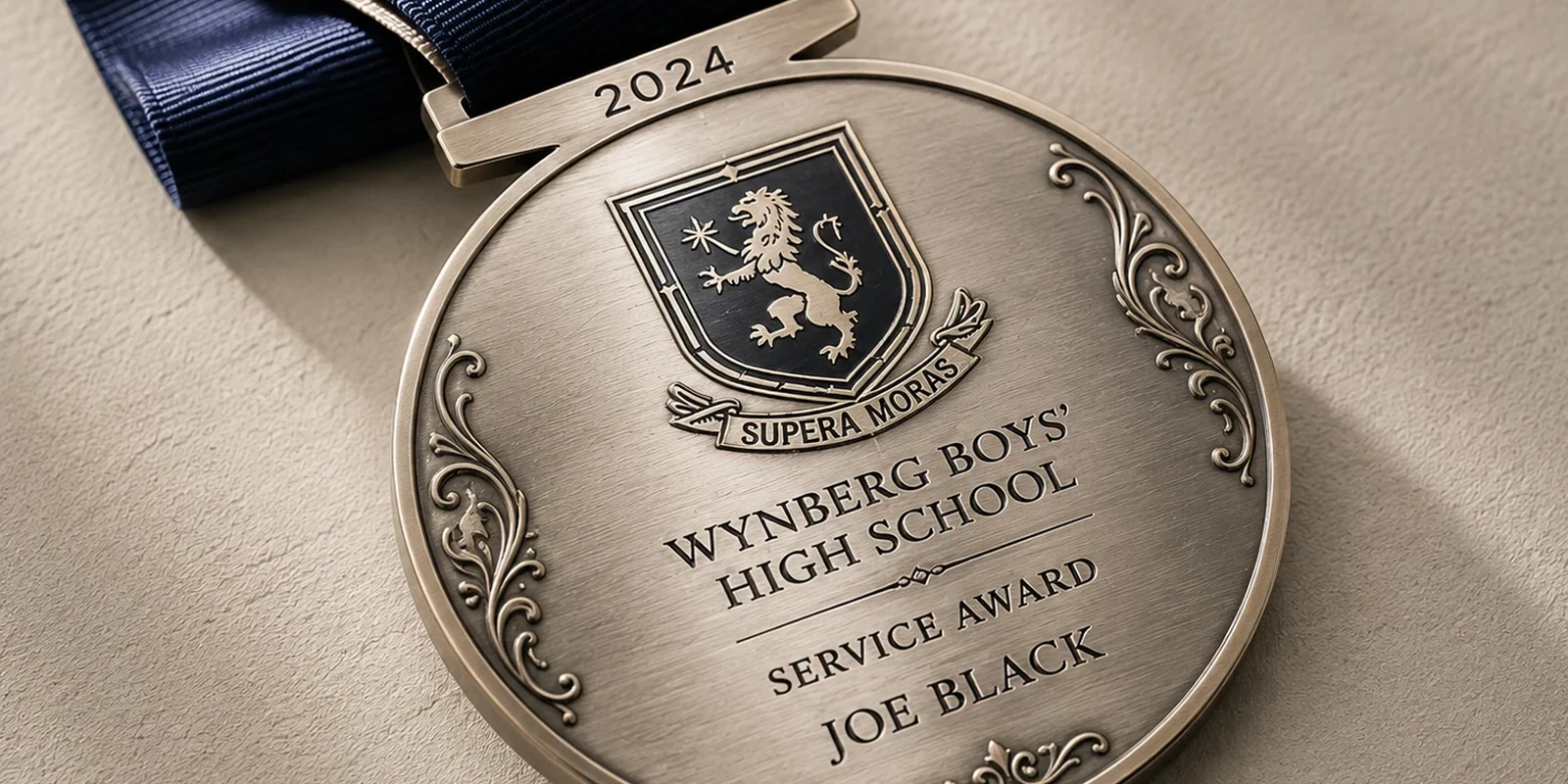 Close-up of a custom engraved medal