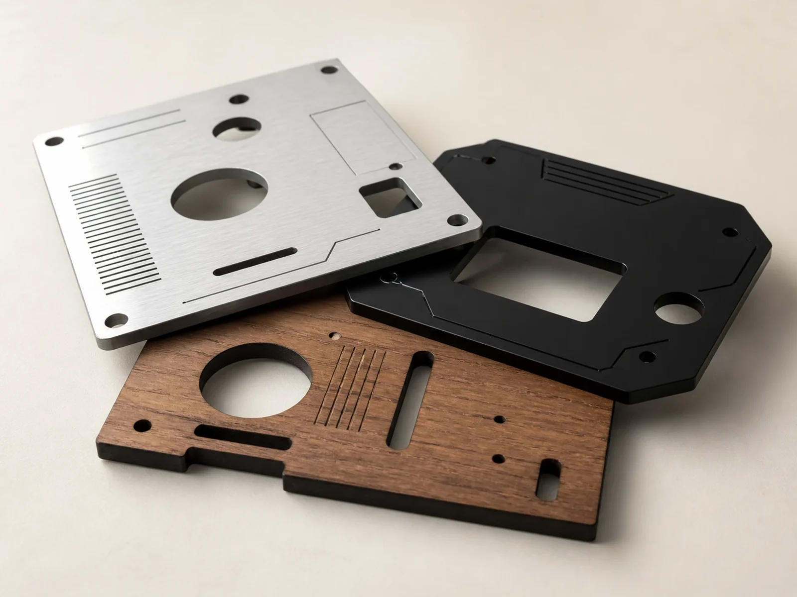 Laser-cut and engraved aluminium, black acrylic and timber material samples arranged on a warm off-white surface