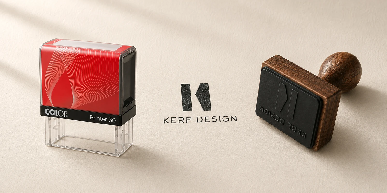 COLOP Printer 30 and walnut-handled stamp beside a KERF Design impression