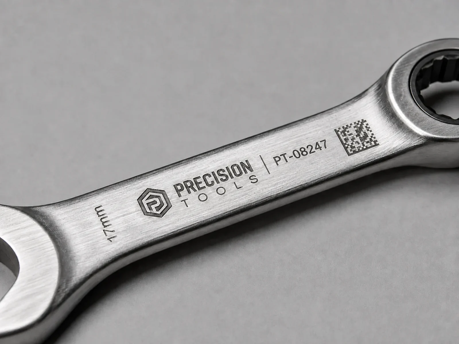 Stainless-steel spanner permanently fiber marked with a company logo, serial number and Data Matrix code