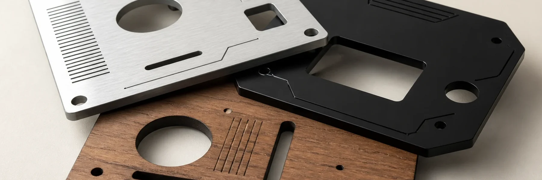 Engraved material samples showing silver, black and timber finishes