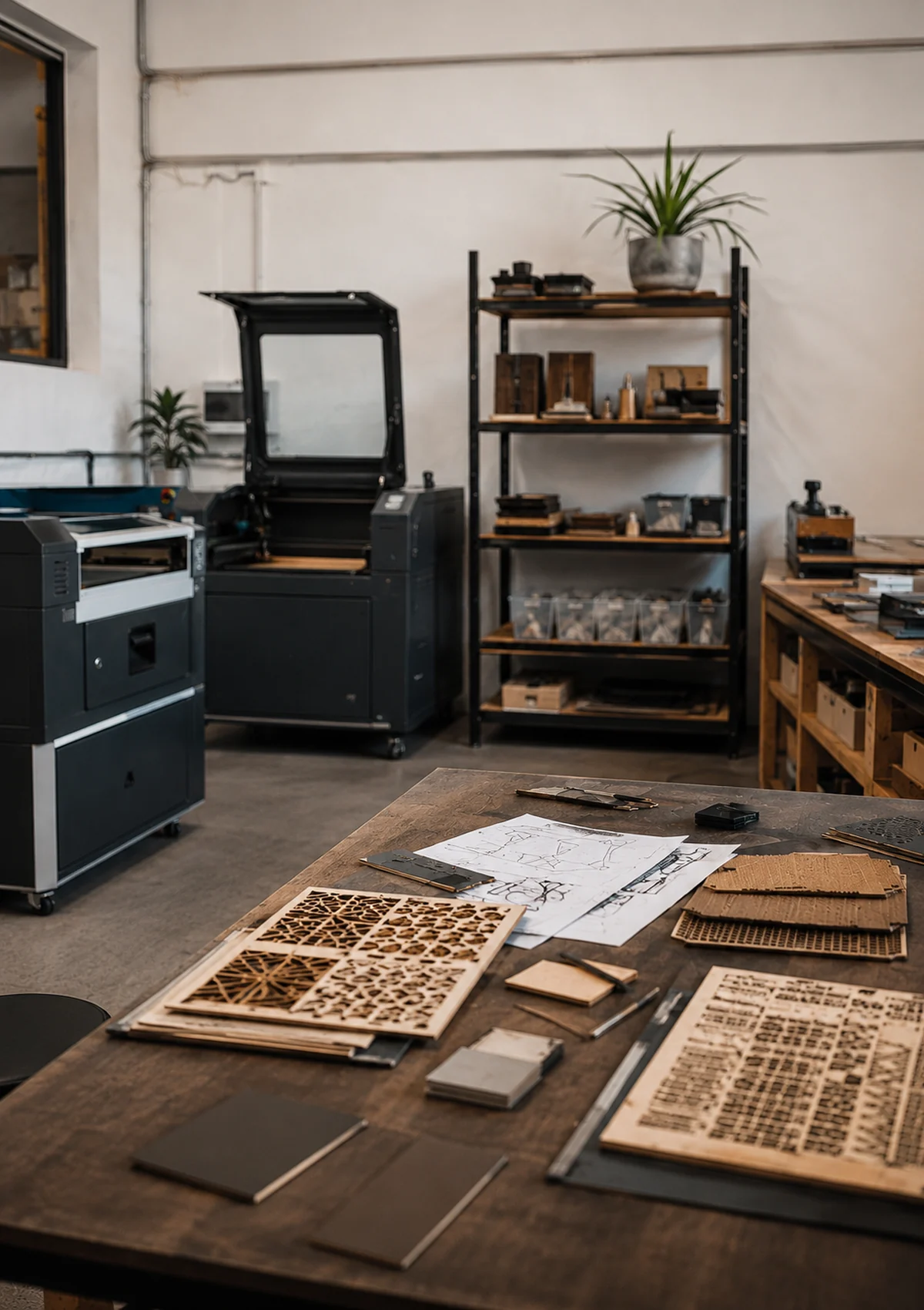 Laser engraving production equipment operating inside the KERF Design workshop