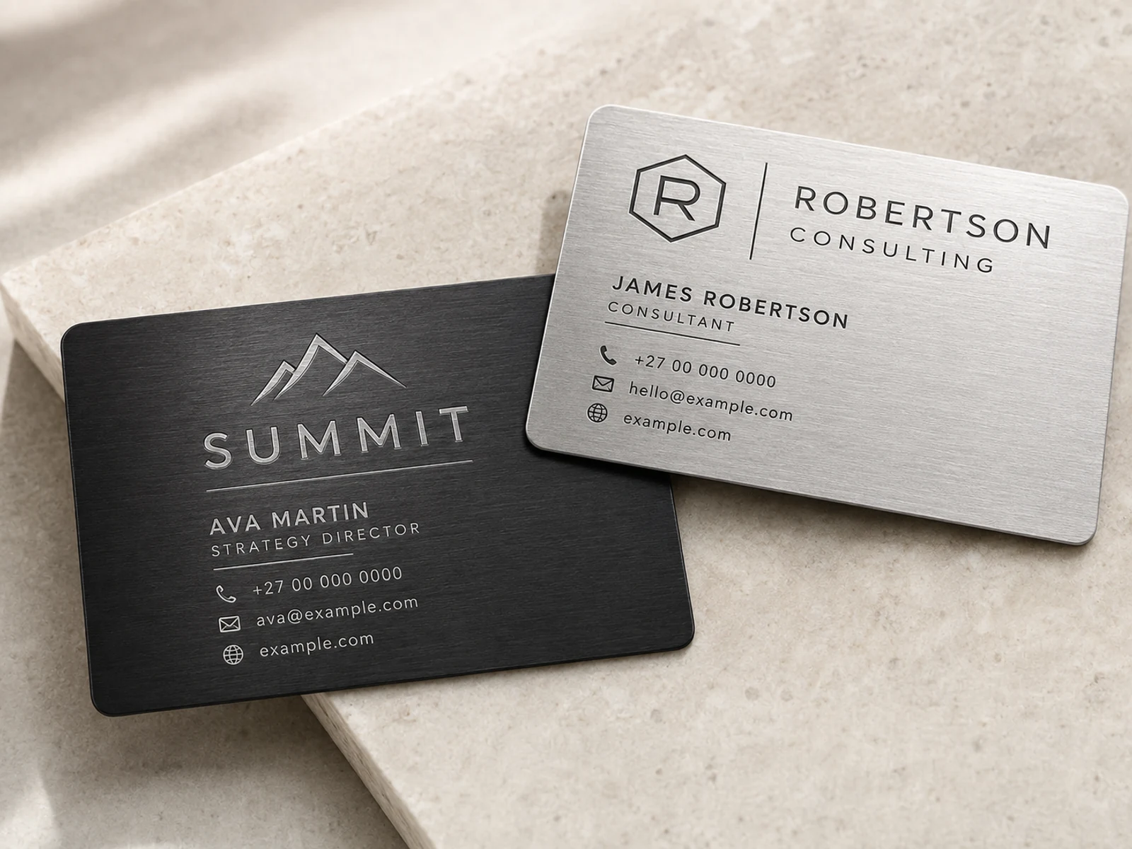 Black Summit and silver Robertson Consulting laser-marked aluminium business cards