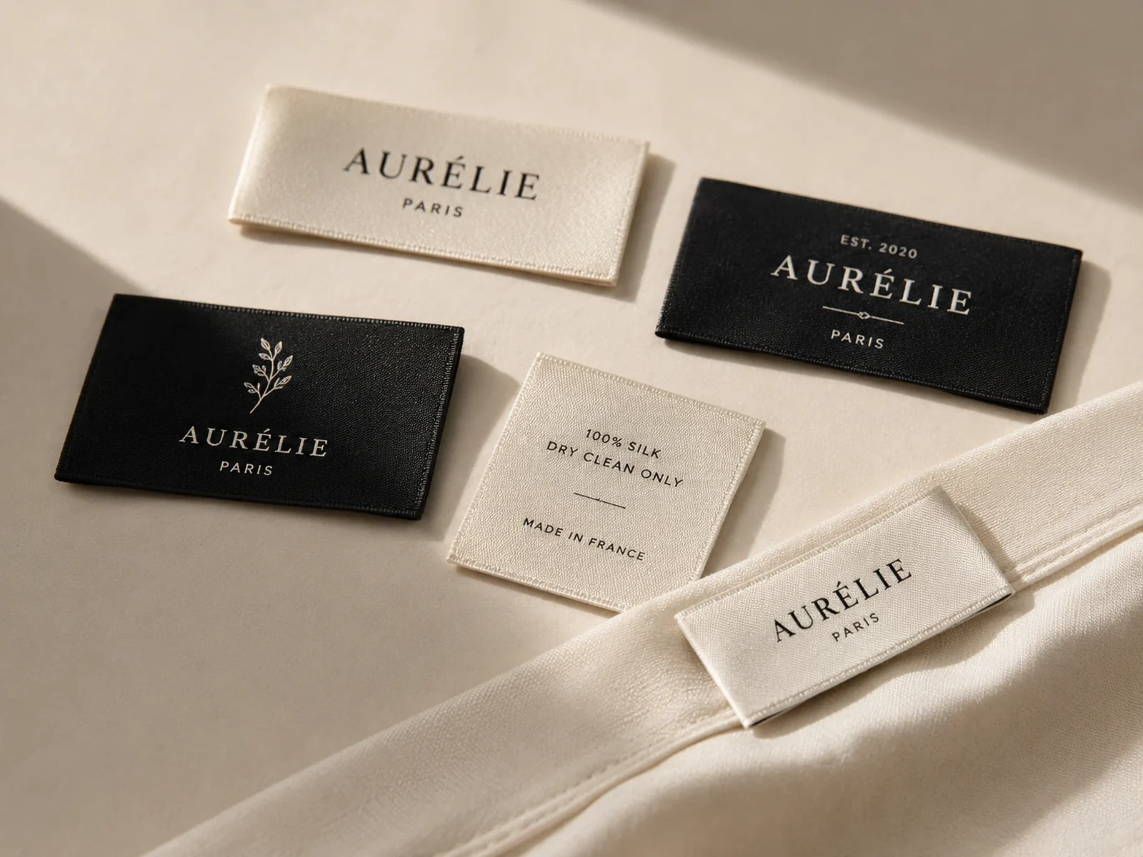 Collection of woven and printed garment labels in restrained black and ivory finishes