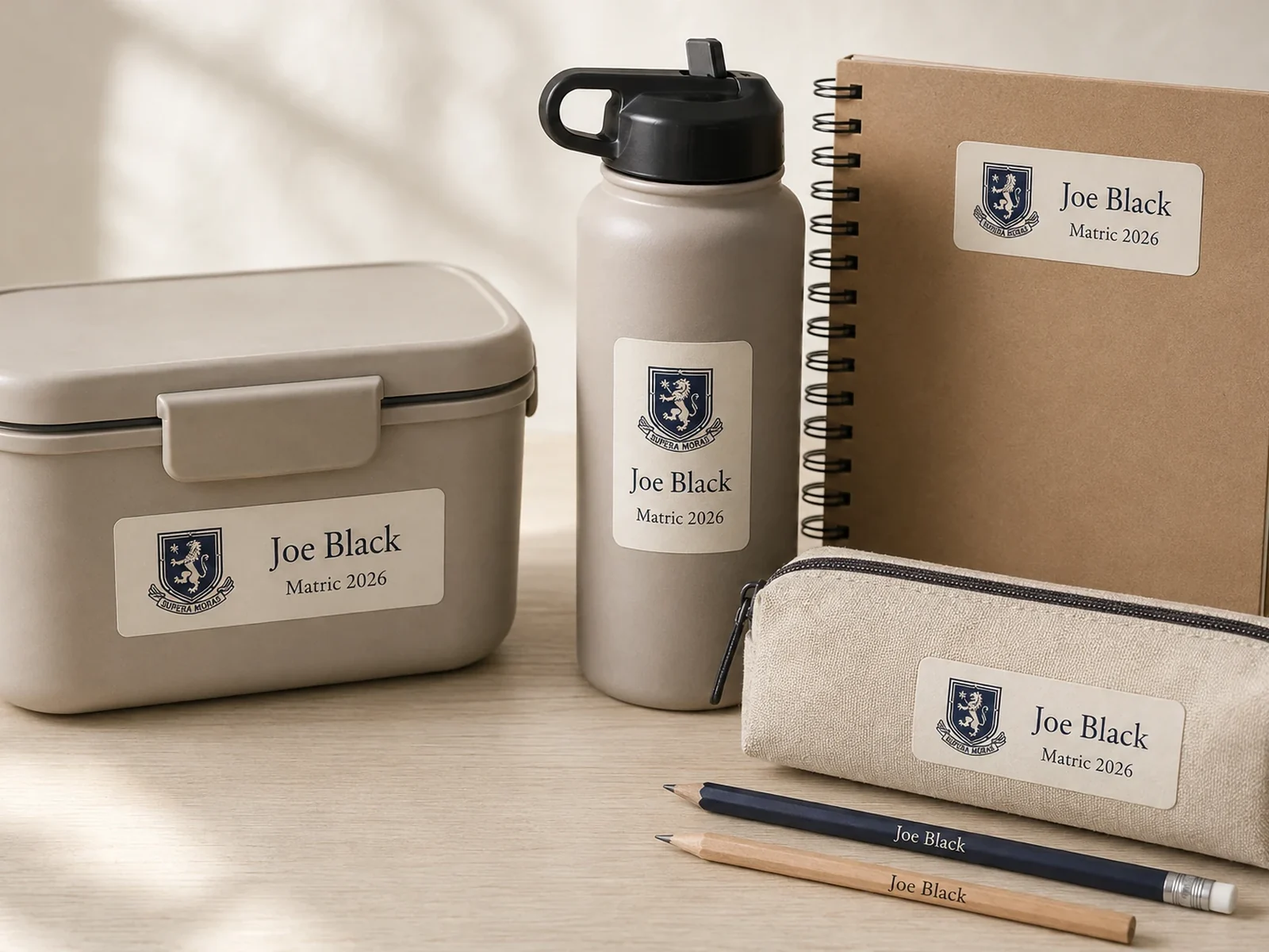 Personalised school labels applied to a lunchbox, bottle, notebook, pencil case and pencils