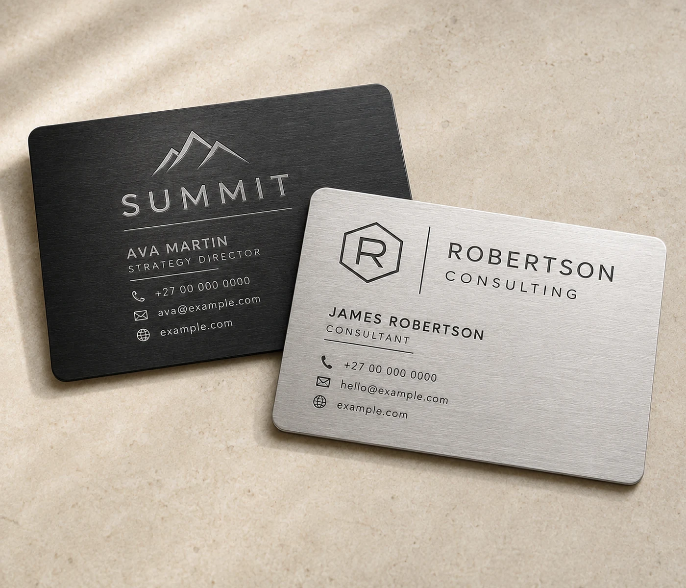 Black Summit and silver Robertson Consulting aluminium business cards