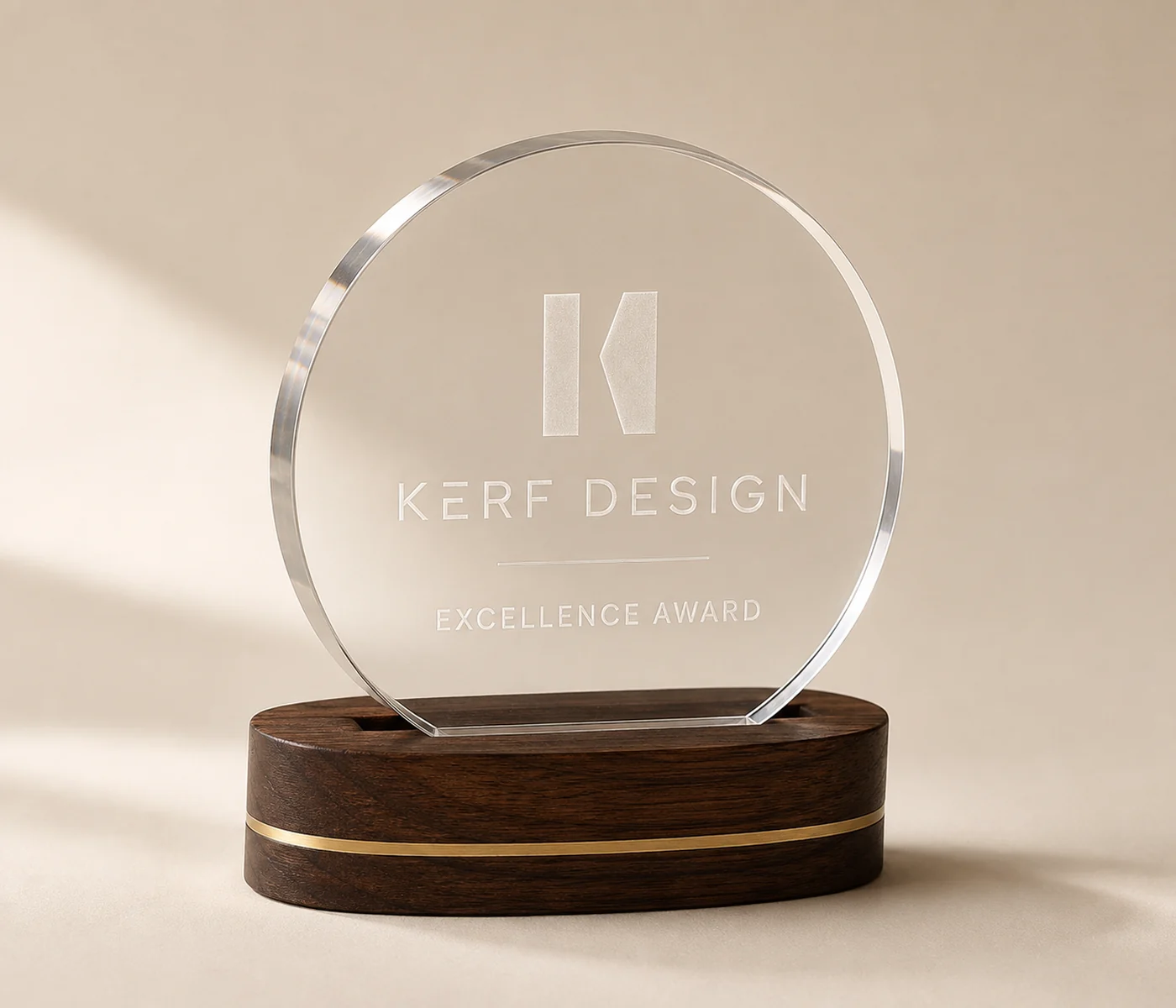 Circular clear acrylic excellence award in a walnut and brass base