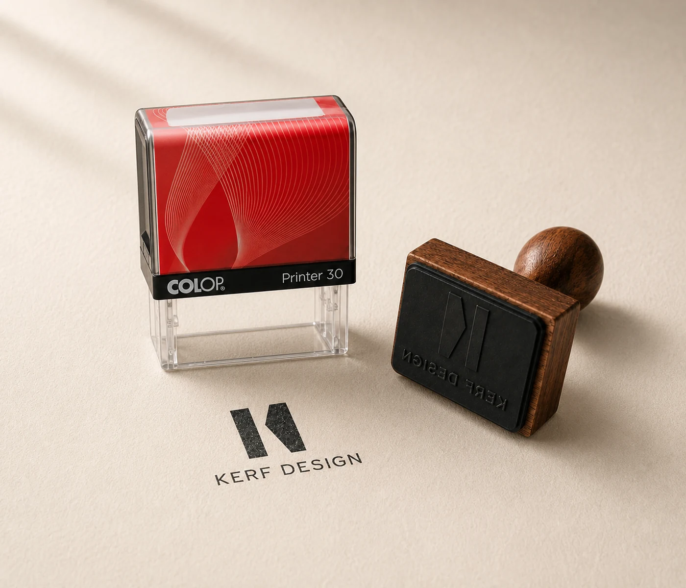 Red COLOP Printer 30, walnut-handled stamp and KERF Design impression